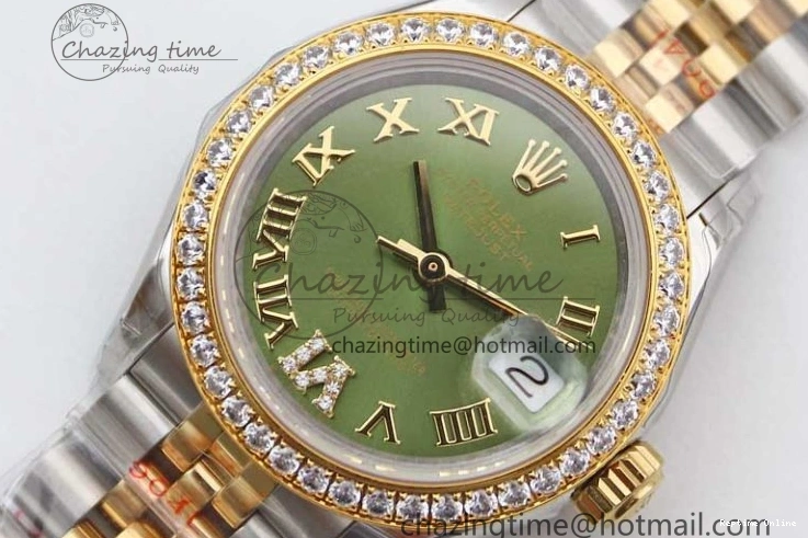 1219 Bright Lady DateJust 28 SS YG TWF Diamonds Bezel 1:1 Best Edition Green Dial Roman Markers on Jubilee Bracelet NH 2135